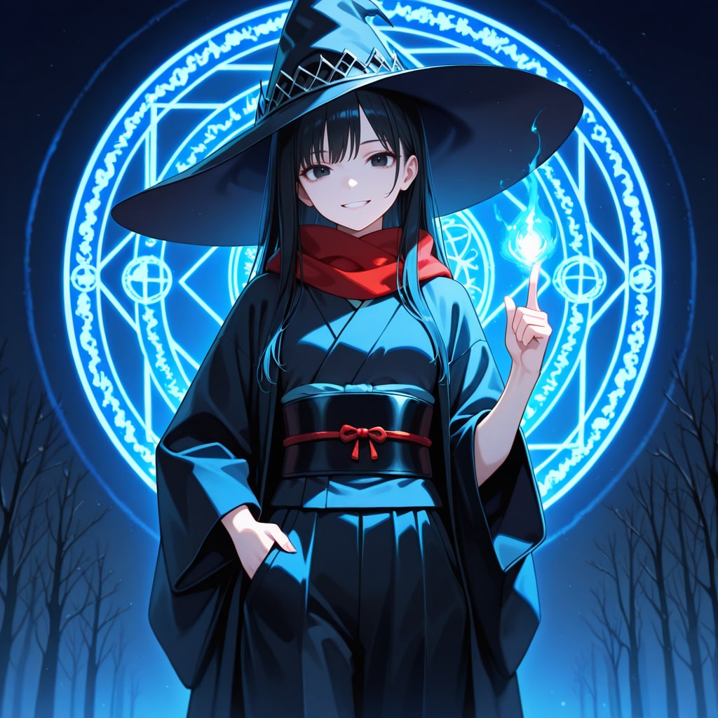 青い魔法陣を展開する魔女