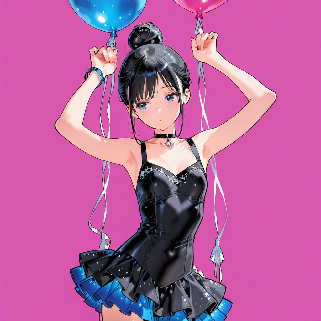 風船を持つ黒髪お団子ヘアのフィギュアスケート選手の美女 | の人気AIイラスト・グラビア