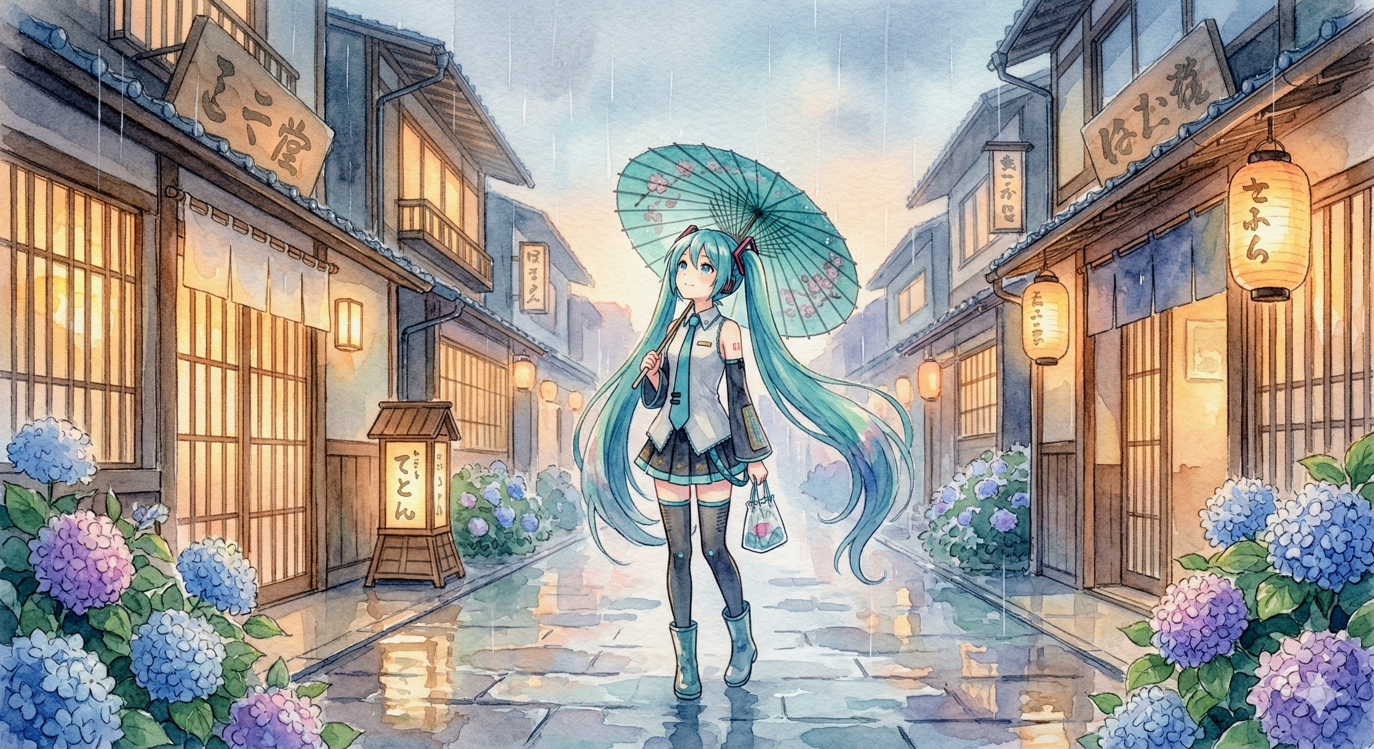 水彩画ミクさん　和傘と紫陽花 | の人気AIイラスト・グラビア