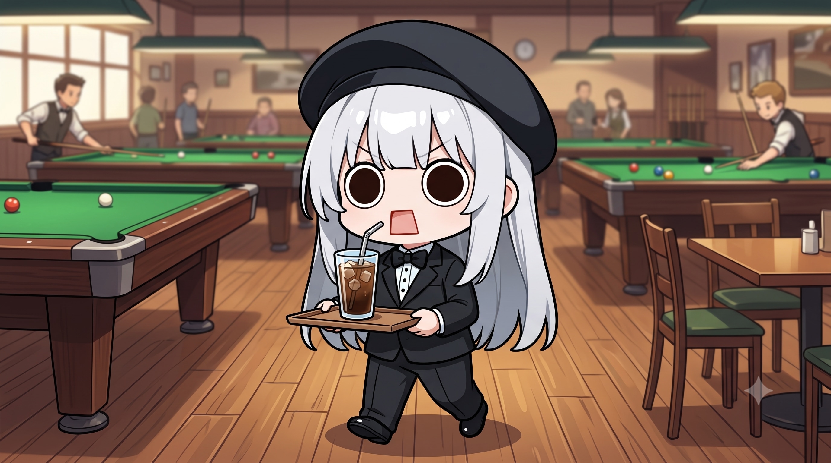 ビリヤード場で珈琲を提供するえらいこっちゃ嬢