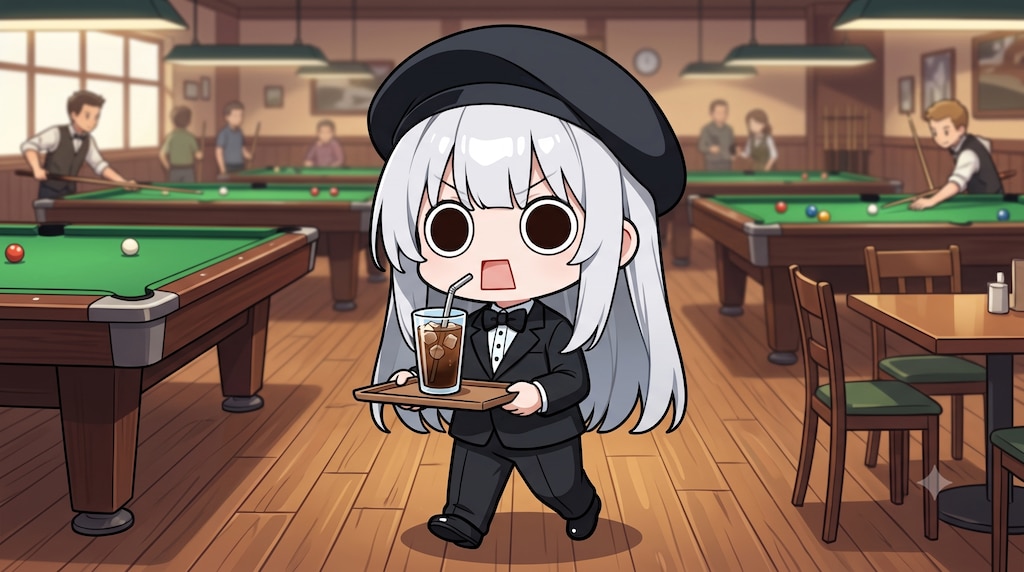 ビリヤード場で珈琲を提供するえらいこっちゃ嬢