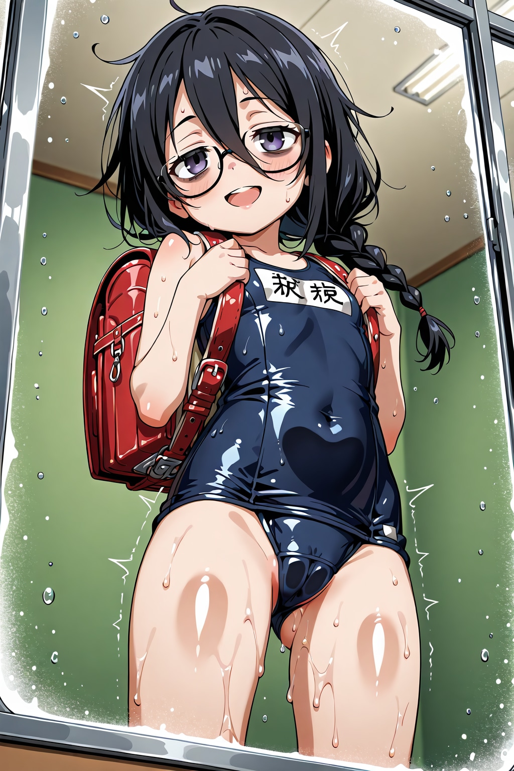 ガラス越しにスク水っ子❤