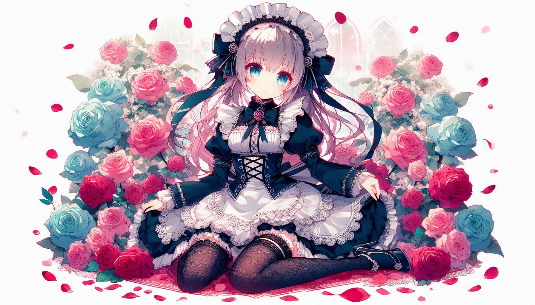 花びら舞い散る薔薇園とゴスロリメイド♪・・（最近のDalleの女の子はマジかわいい🥰♪）