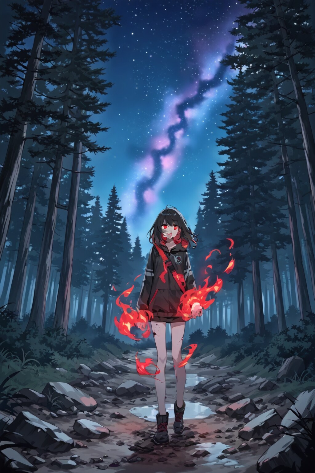 夜空の綺麗な森と謎の少女