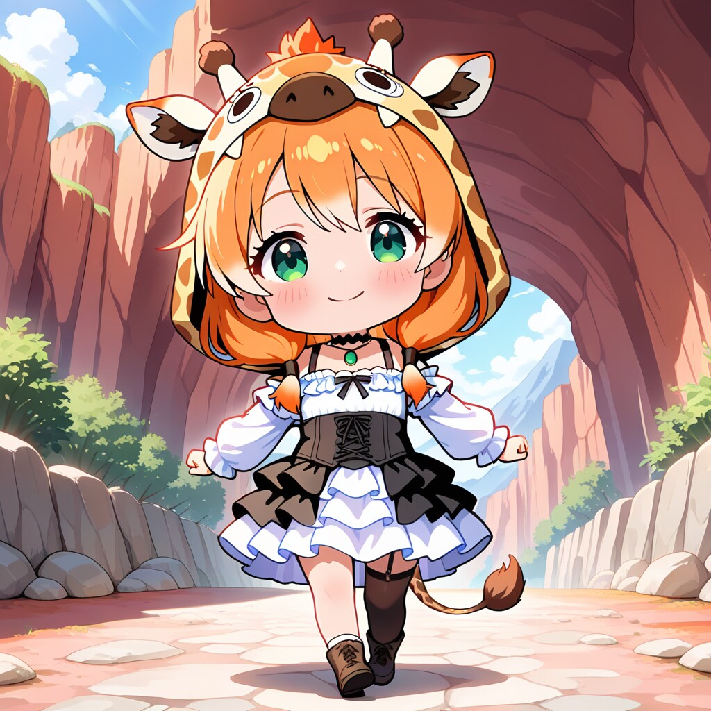 岩山の道を歩くキリンフーディーちび子ちゃん