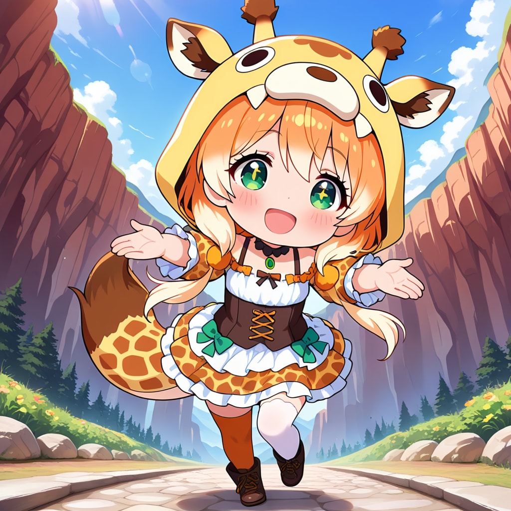 岩山の道を歩くキリンフーディーちび子ちゃん