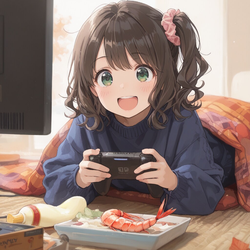 エビマヨ？をつまみながらゲームをするホカちゃん