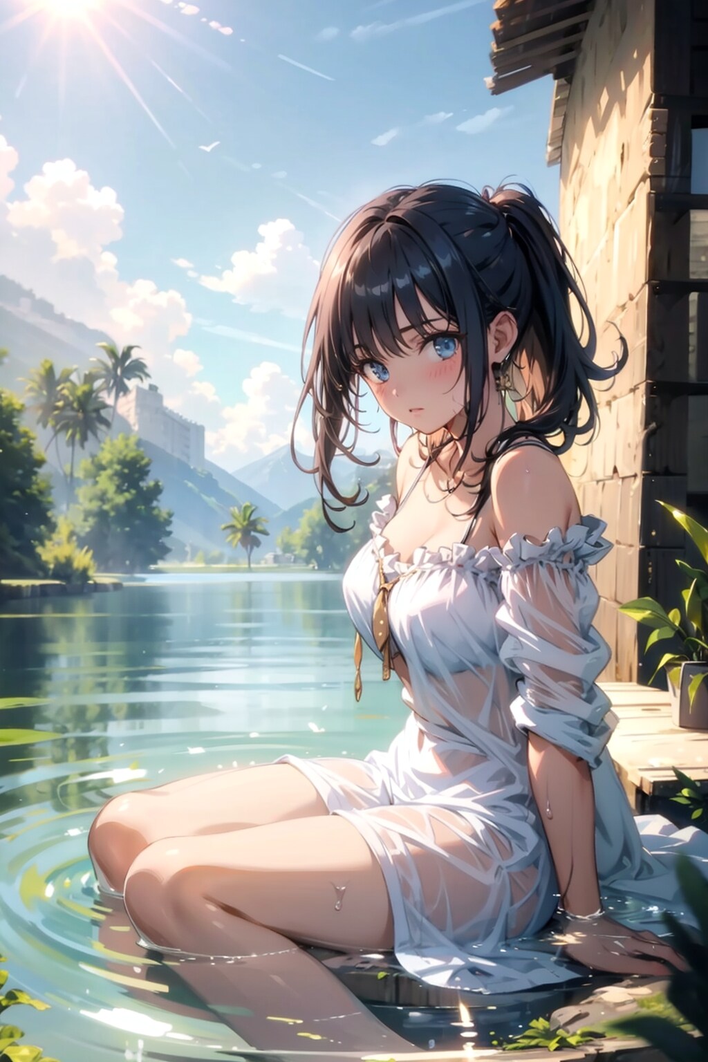 湖で涼を取る女の子