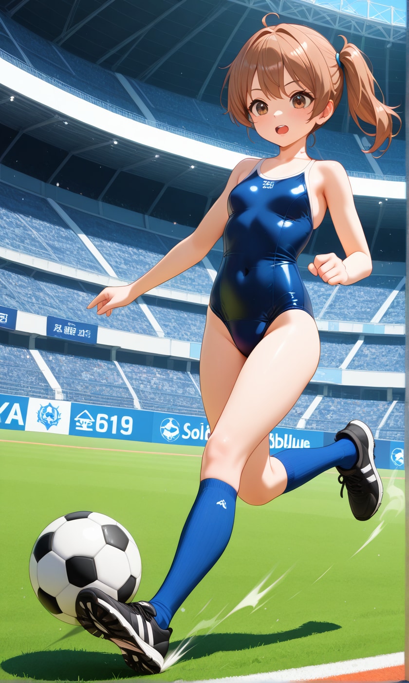 サッカーをするスク水サイドポニー女子