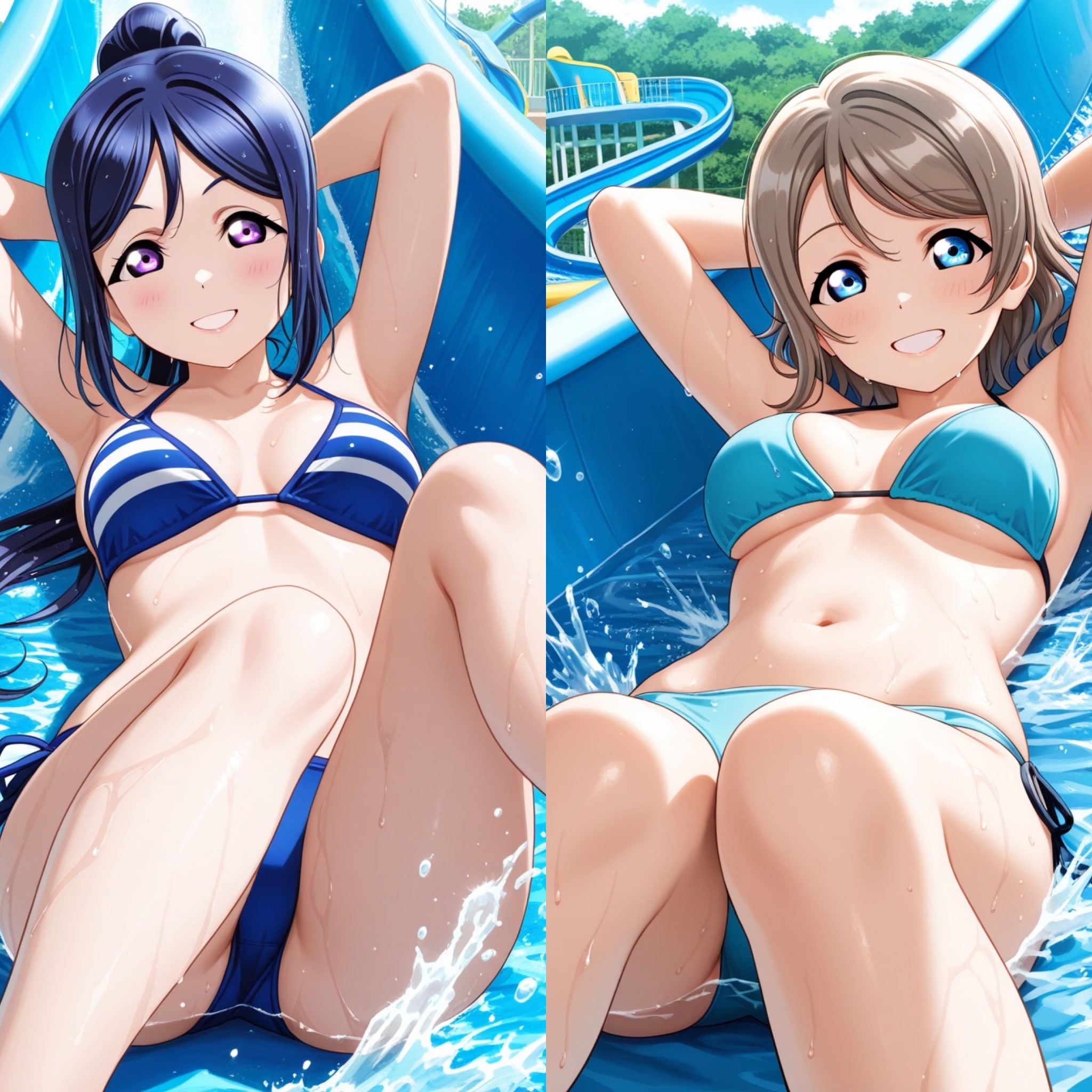 PixAI LoRAで曜&果南でウォータースライダー👙❤️