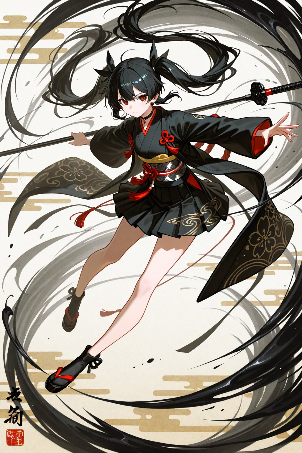 １０単語企画　黒髪ツインテールの女の子　水墨画風