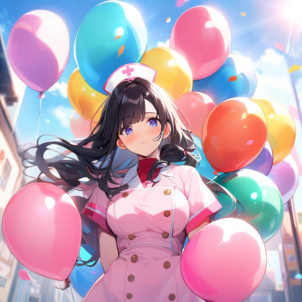 いっぱい色とりどりの風船を持つ黒髪ロングのピンクのナース服着た美女 | の人気AIイラスト・グラビア