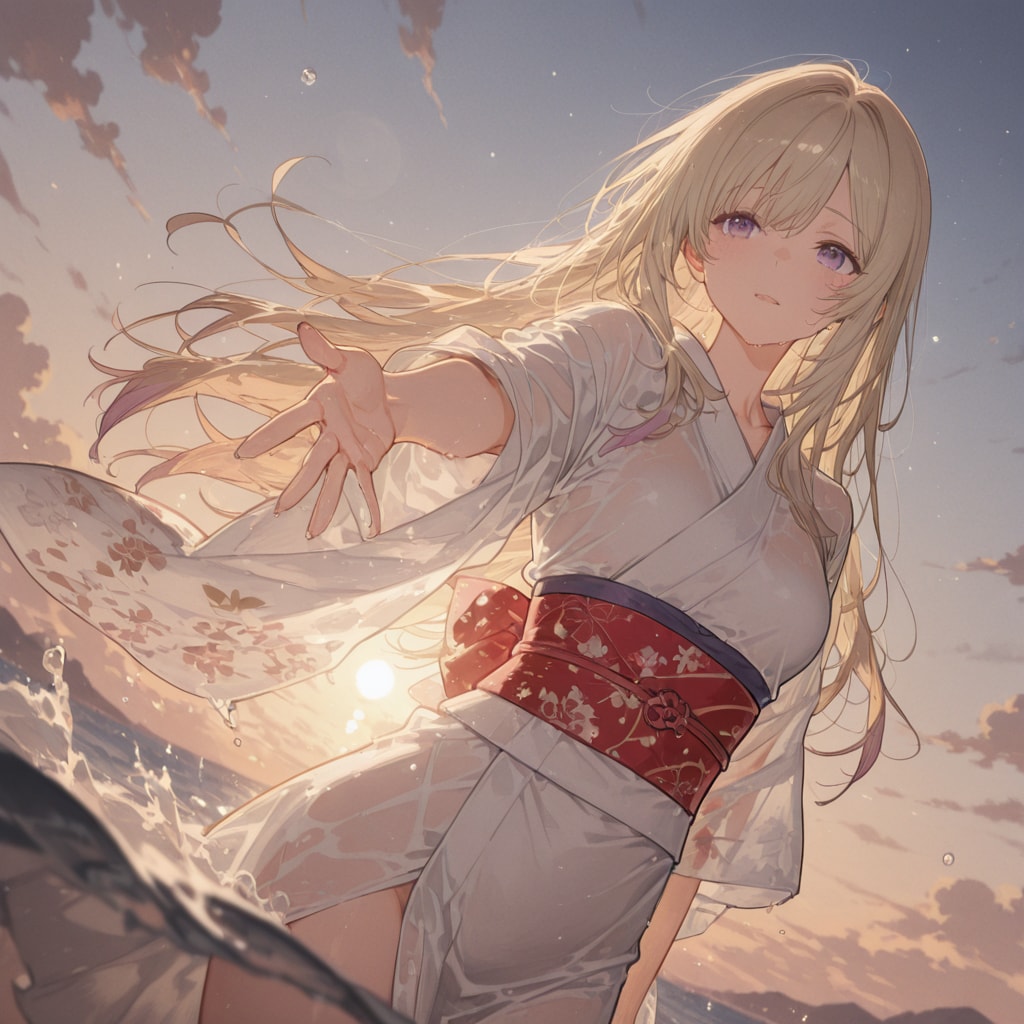 夕日を背に手を差し伸べる着物美女