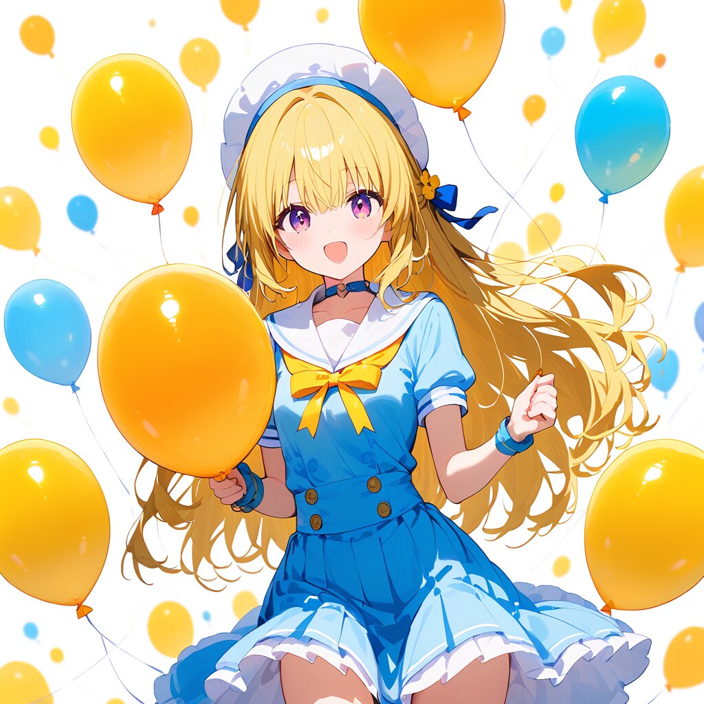 いっぱい風船を膨らませて遊ぶブロンドロングの美少女。 | の人気AIイラスト・グラビア