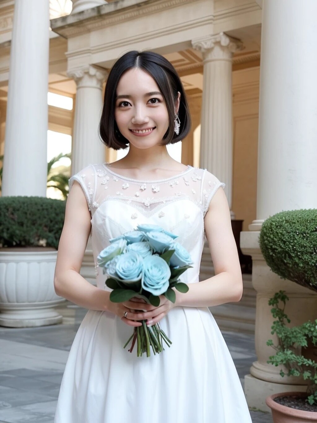 黒髪ボブでウェディングドレスの美女２