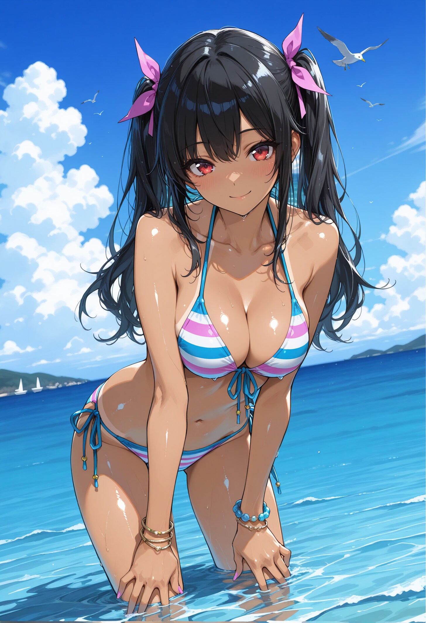 黒髪ツインテールと海