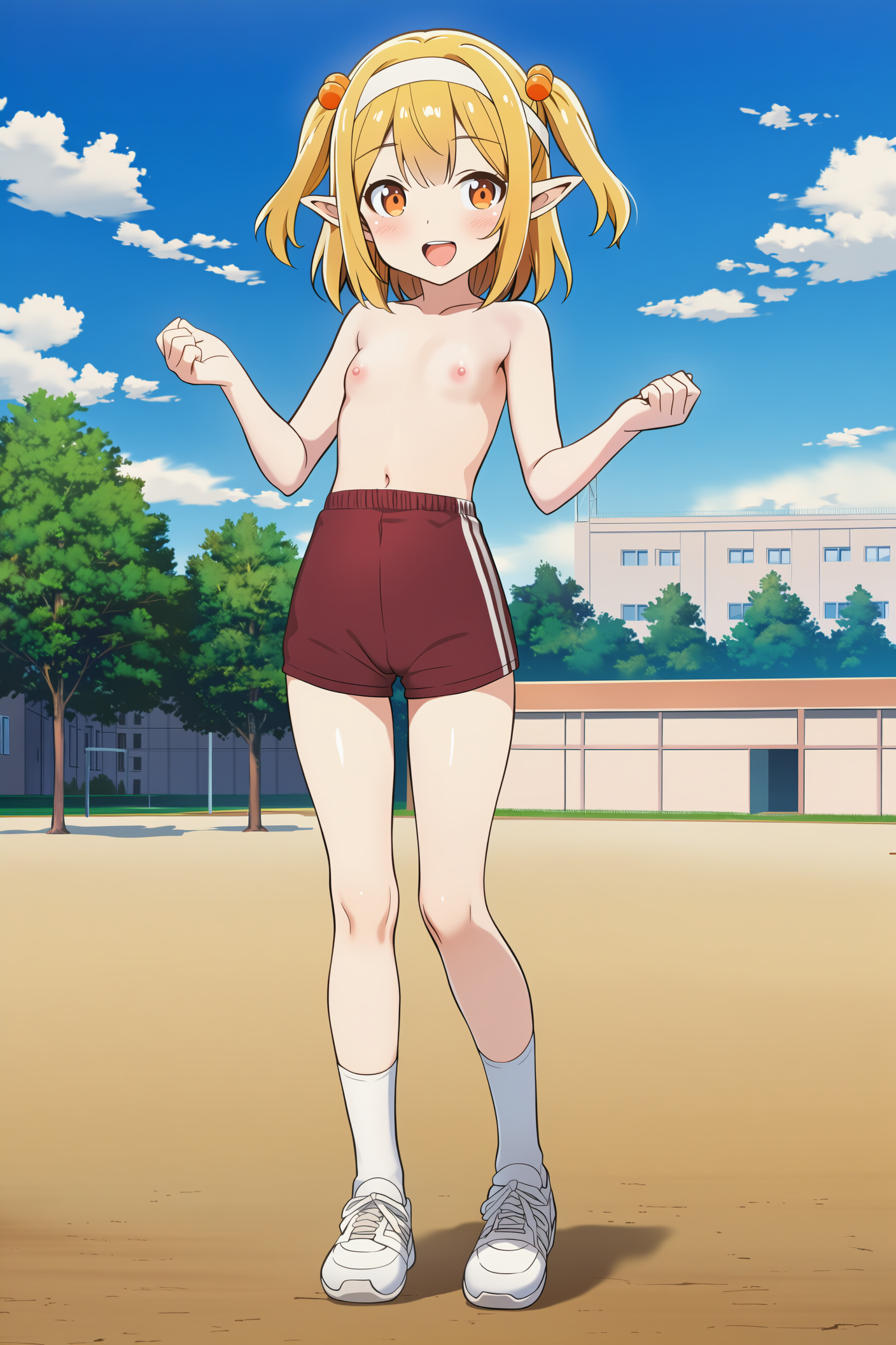 体操着の短パンに上半身裸のエルフさん