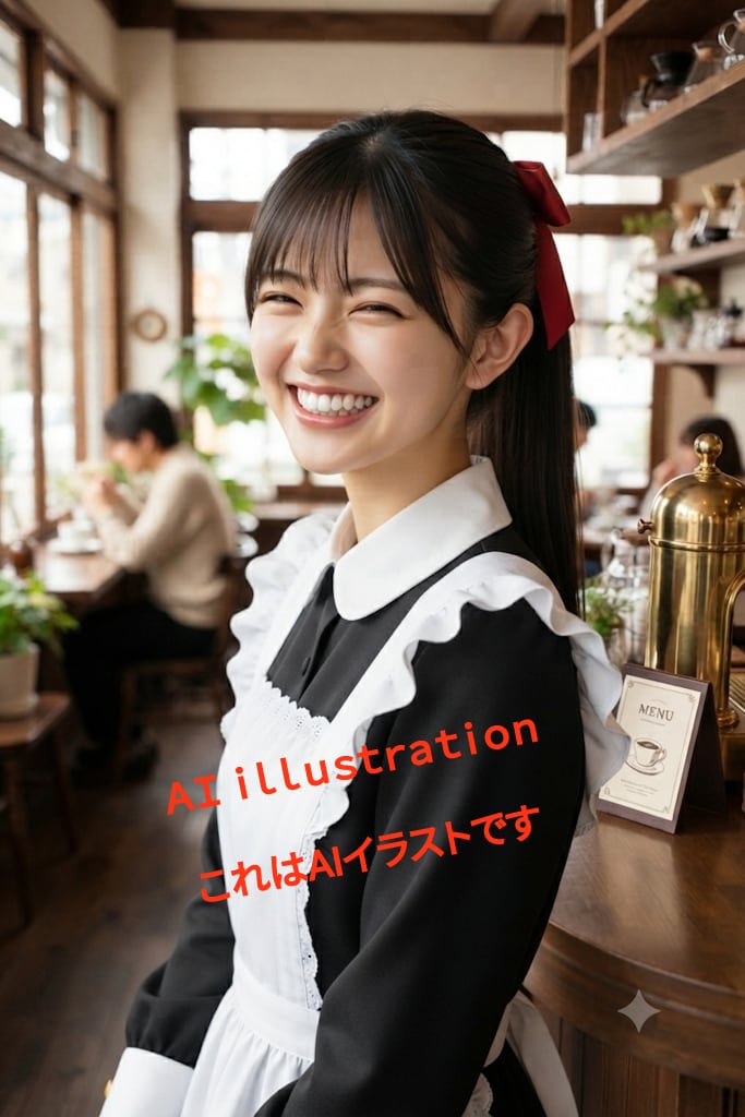 俺の妄想には続きがある。  癖っ毛を気にしていた彼女を、AIイラストではストレート＋赤リボンのポニーテールに。  で──あの可愛い照れ笑い。 目を細めて、口元がゆるむやつ。