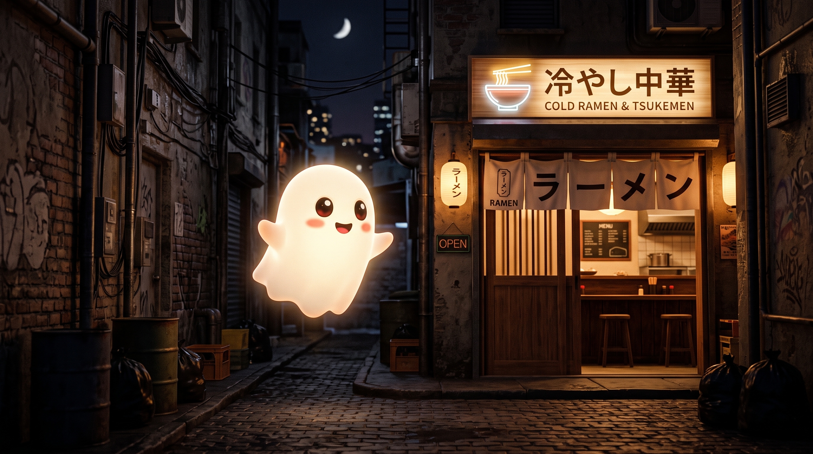 路地裏でラーメン屋を見つけるお化けさん