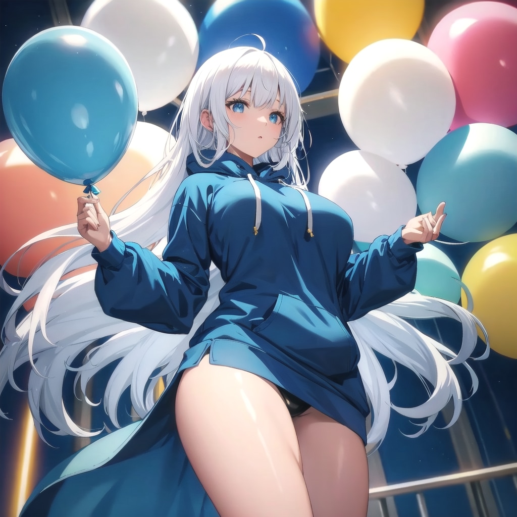 色とりどりの風船を持つ白い髪ロングの青いパーカー着た美女 | の人気AIイラスト・グラビア