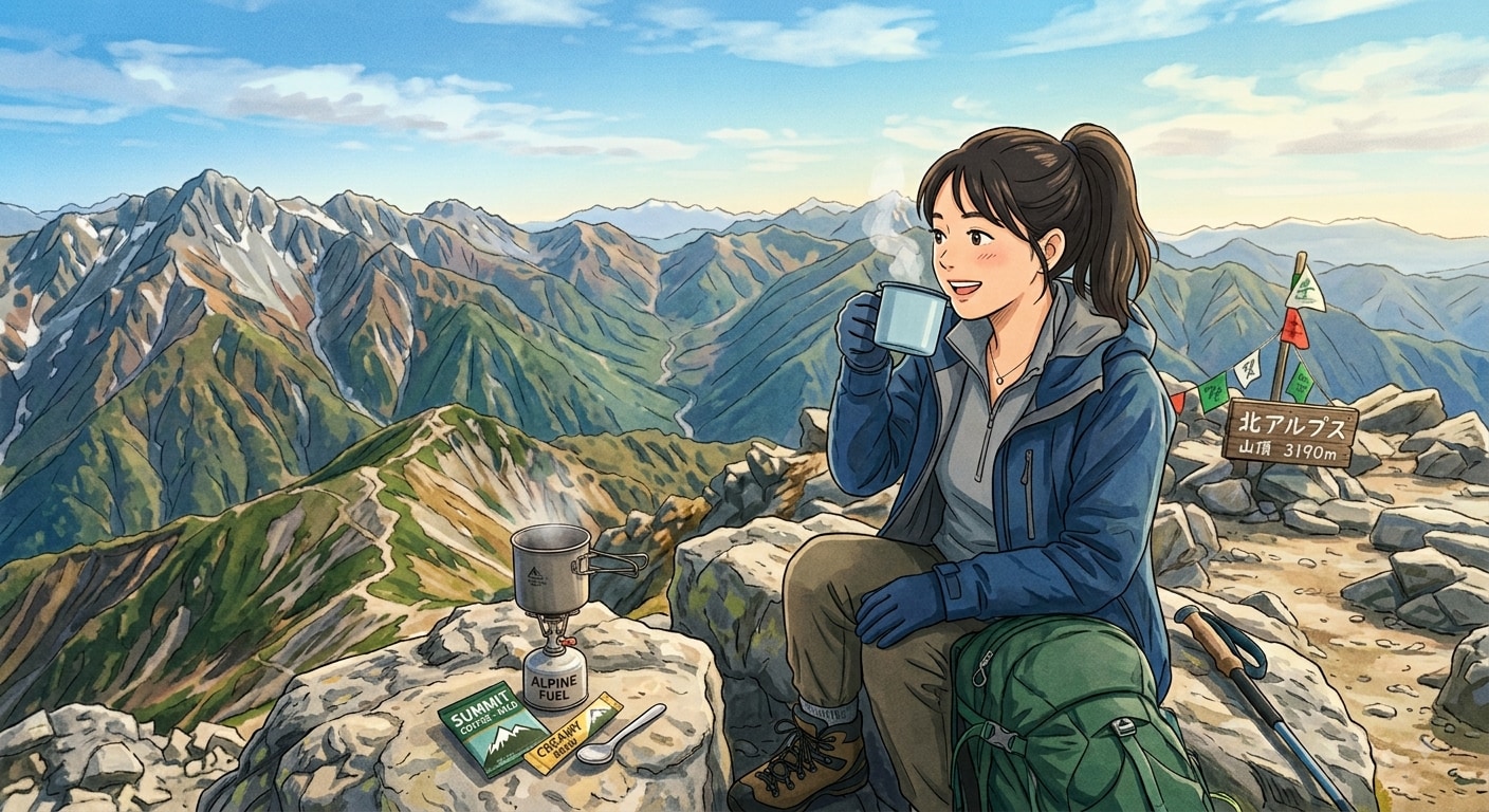 山の頂上でインスタントコーヒーを飲む女性