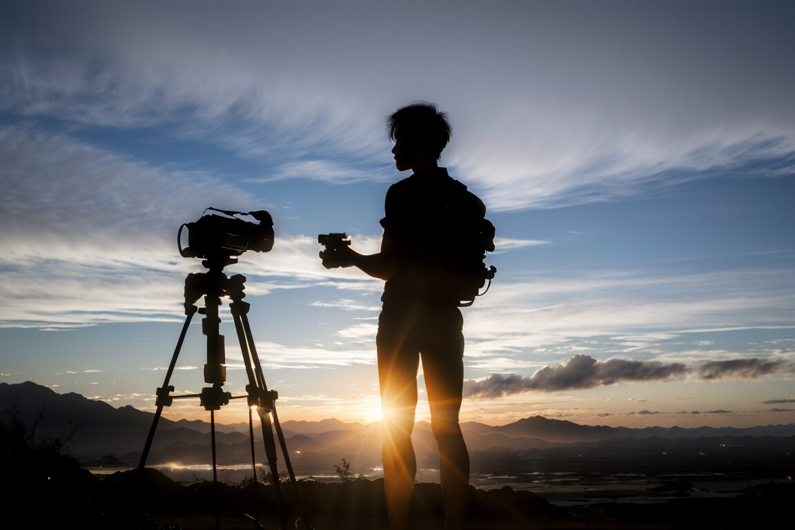 足柄平野を見下ろしながら朝日に染まる富士山の写真を撮ろうとしたのだけど、ちょっと雲が多くて残念。仕方ないから普通に日の出の写真にしておこうと思ったカメラマンをローアングルで。