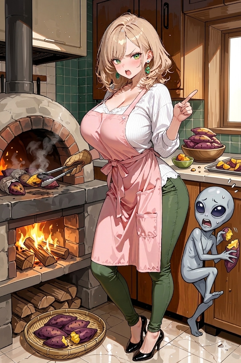 焼き芋のつまみ食いをしようとした宇宙人に注意する柚月さん | の人気AIイラスト・グラビア