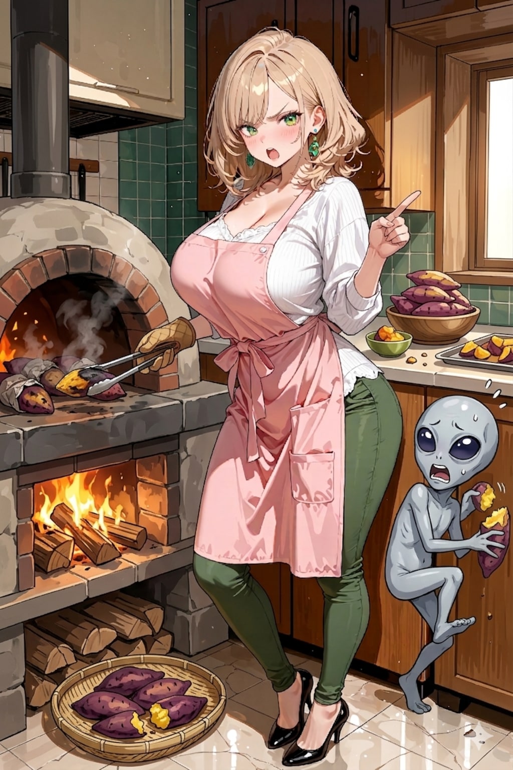 焼き芋のつまみ食いをしようとした宇宙人に注意する柚月さん