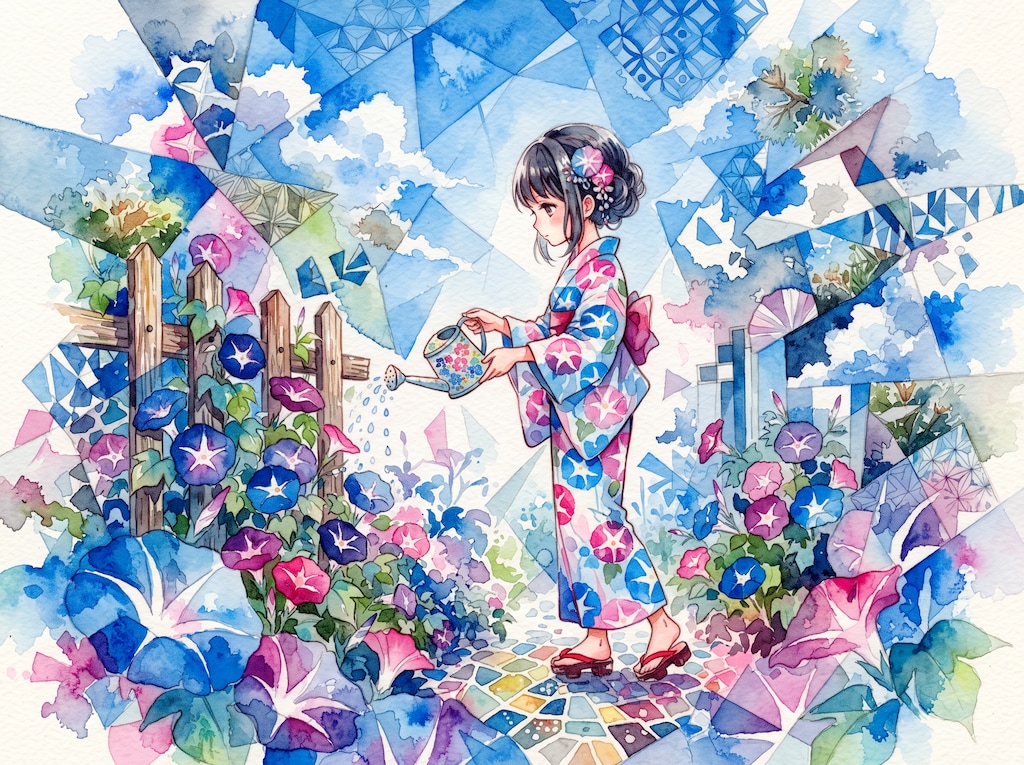 朝顔に水をやる女の子