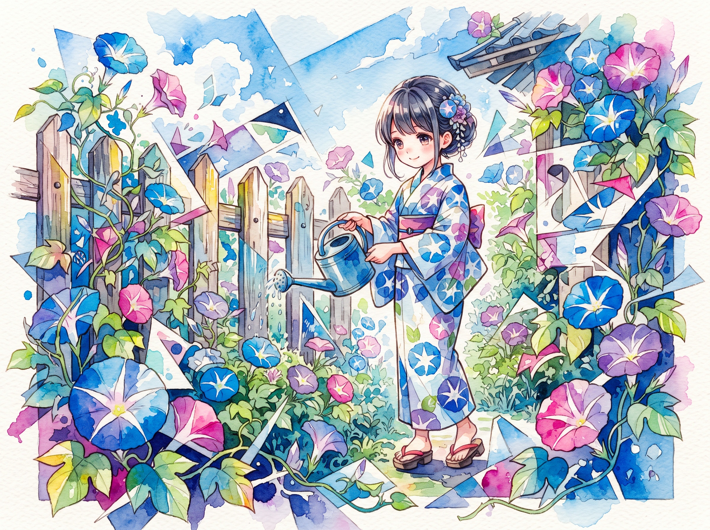 朝顔に水をやる女の子 | の人気AIイラスト・グラビア