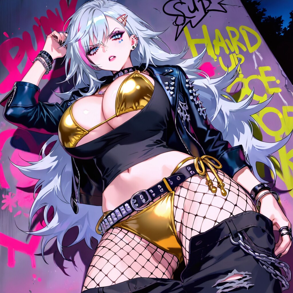 ゴールデンビキニをパンクファッションに取り入れているクール系巨乳パンク美女！