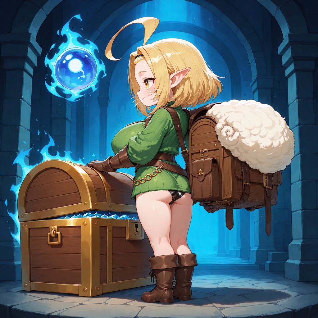チビキャラアホ毛ドワーフちゃんダンジョンで宝箱見つける