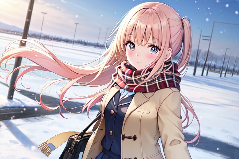 雪の通学路　JKを添えて