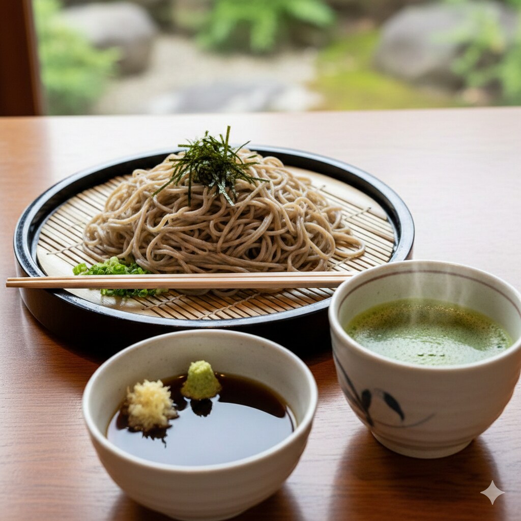 【朝食】ざるそば、お茶