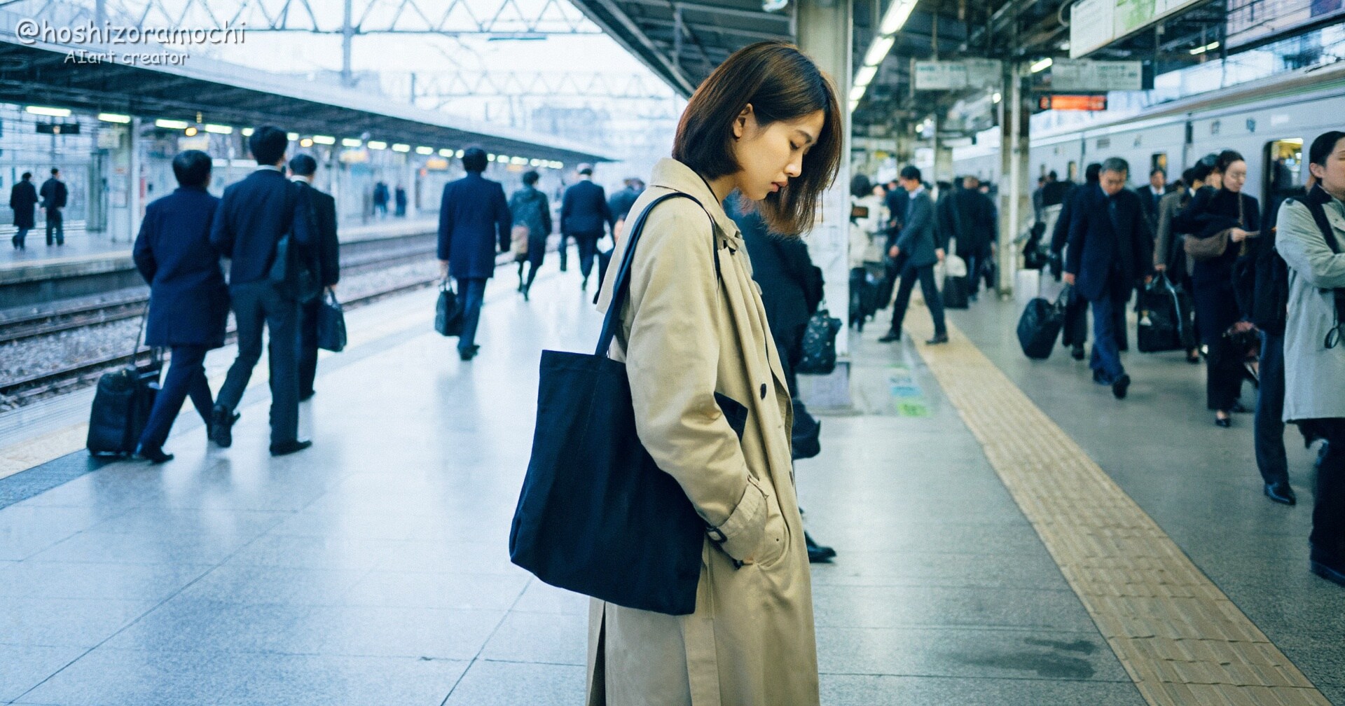 混雑するホームで、ひとりたたずむ ⏱️