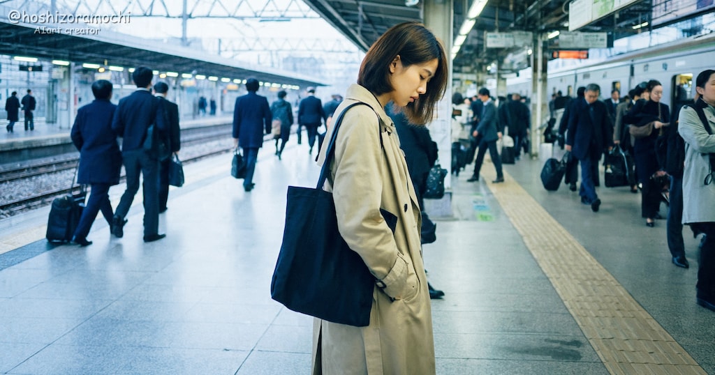 混雑するホームで、ひとりたたずむ ⏱️