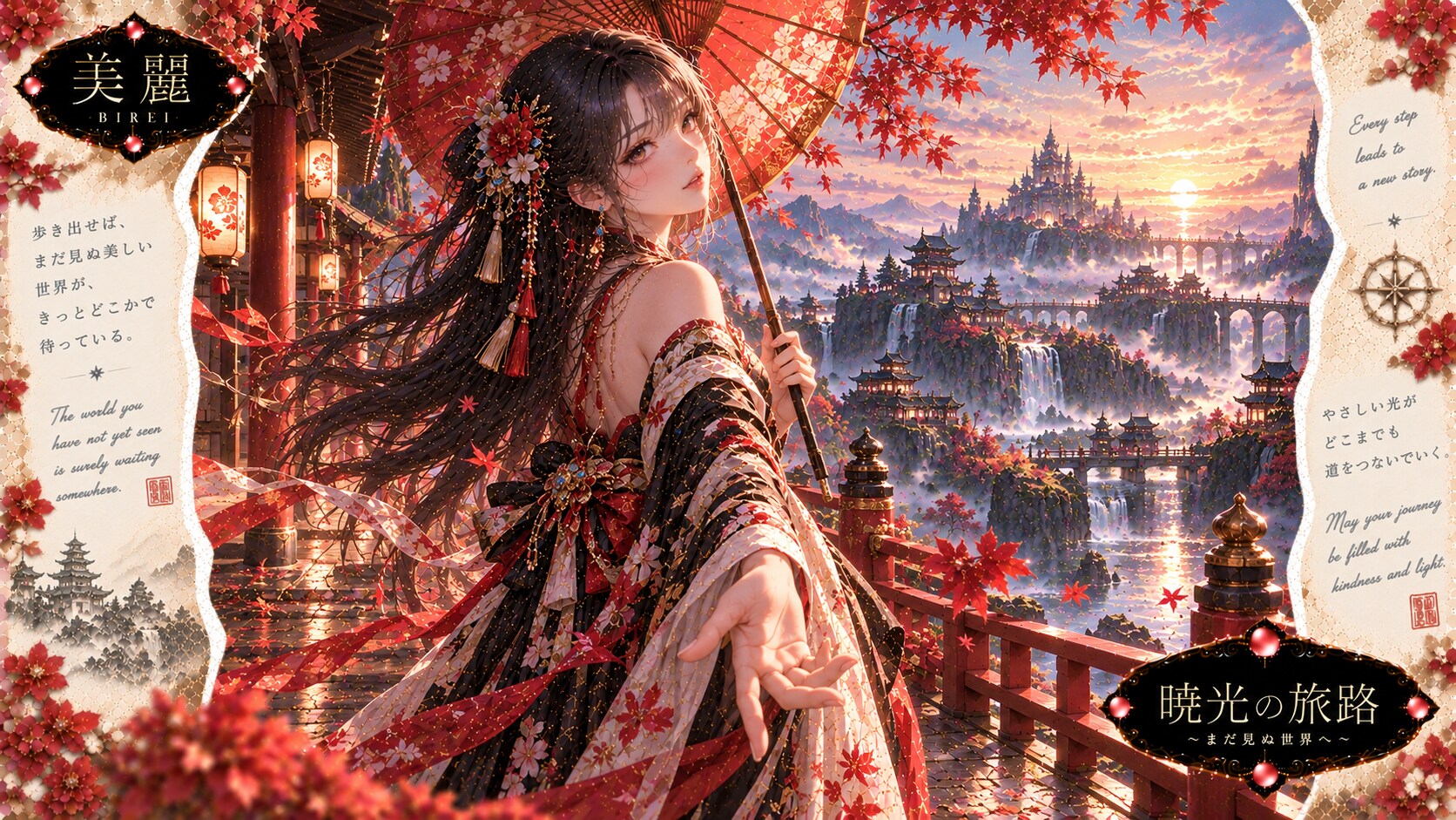 A red umbrella, an outstretched hand, and a city of towers waiting beyond the mist.  The world you h | の人気AIイラスト・グラビア
