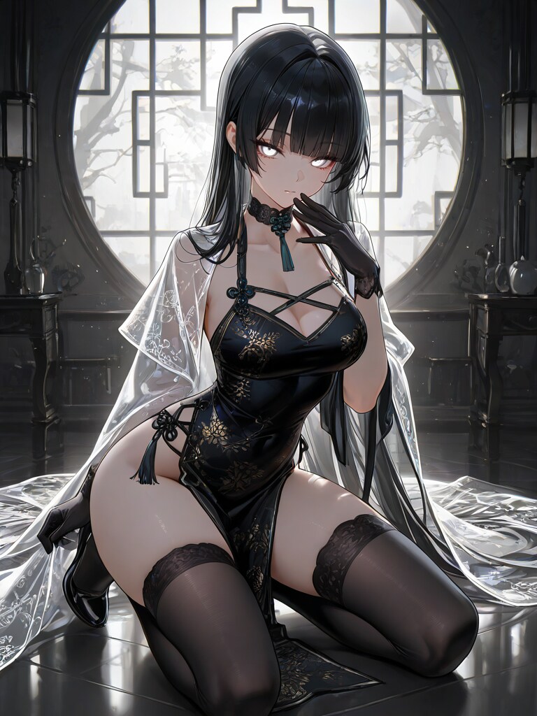 黒髪ロングチャイナドレス