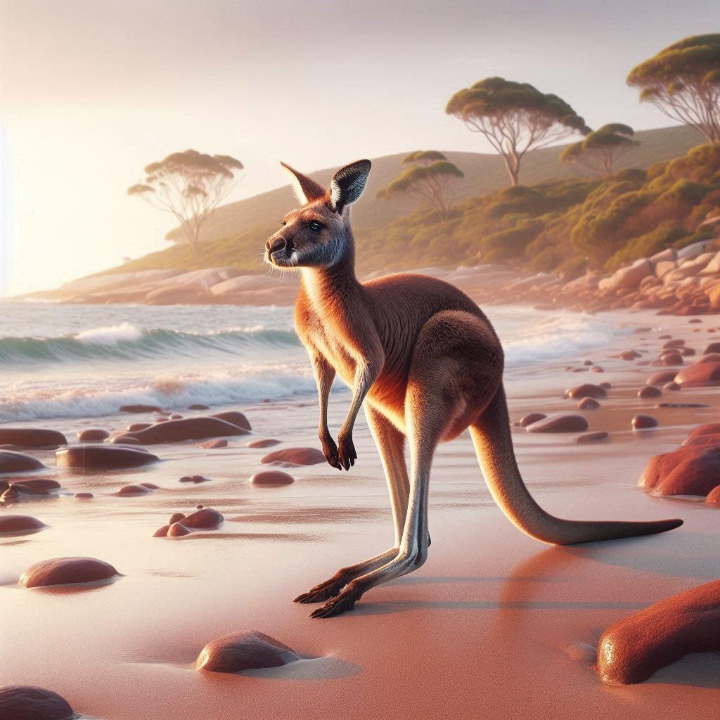 海辺を散歩するカンガルー