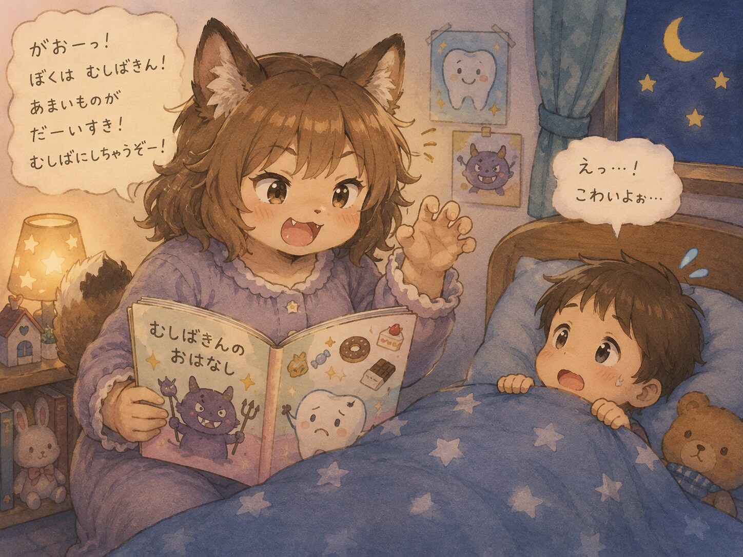 おやすみ前に絵本を読むけものおねえさん