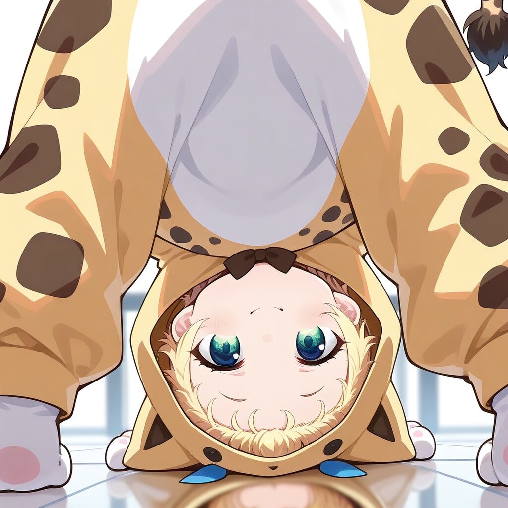 ガラステーブルに座る着ぐるみちび子ちゃん