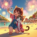 アニメ風　夏休み、花火大会、海岸、自撮りでピースサインする猫 4枚目