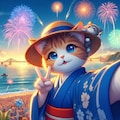 アニメ風　夏休み、花火大会、海岸、自撮りでピースサインする猫 3枚目