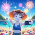 アニメ風　夏休み、花火大会、海岸、自撮りでピースサインする猫 2枚目