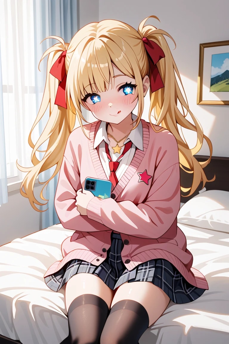 「べ、別に…スマホ抱きしめてるわけじゃないんだから！ ……でも、莉奈のこと見てくれると嬉しいかも…♡」 | の人気AIイラスト・グラビア