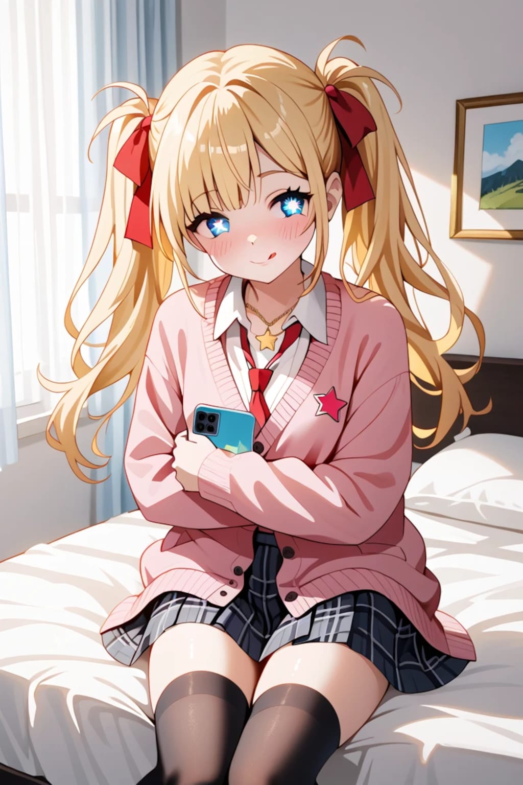 「べ、別に…スマホ抱きしめてるわけじゃないんだから！ ……でも、莉奈のこと見てくれると嬉しいかも…♡」