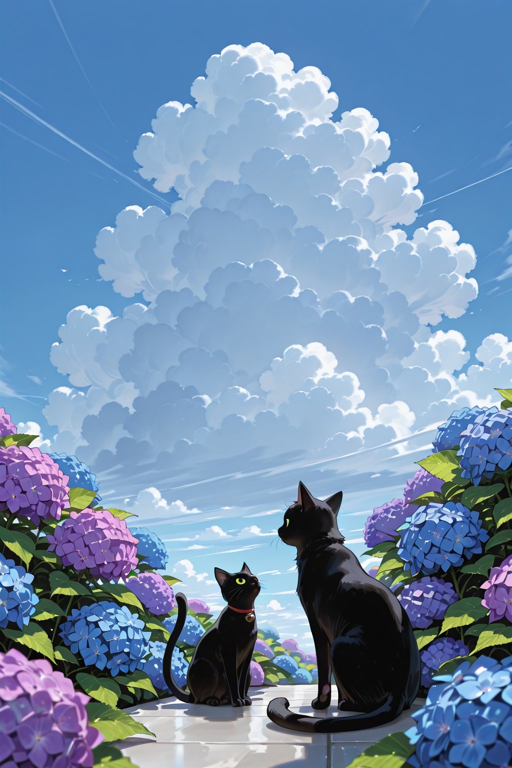 紫陽花と黒ニャンコの梅雨