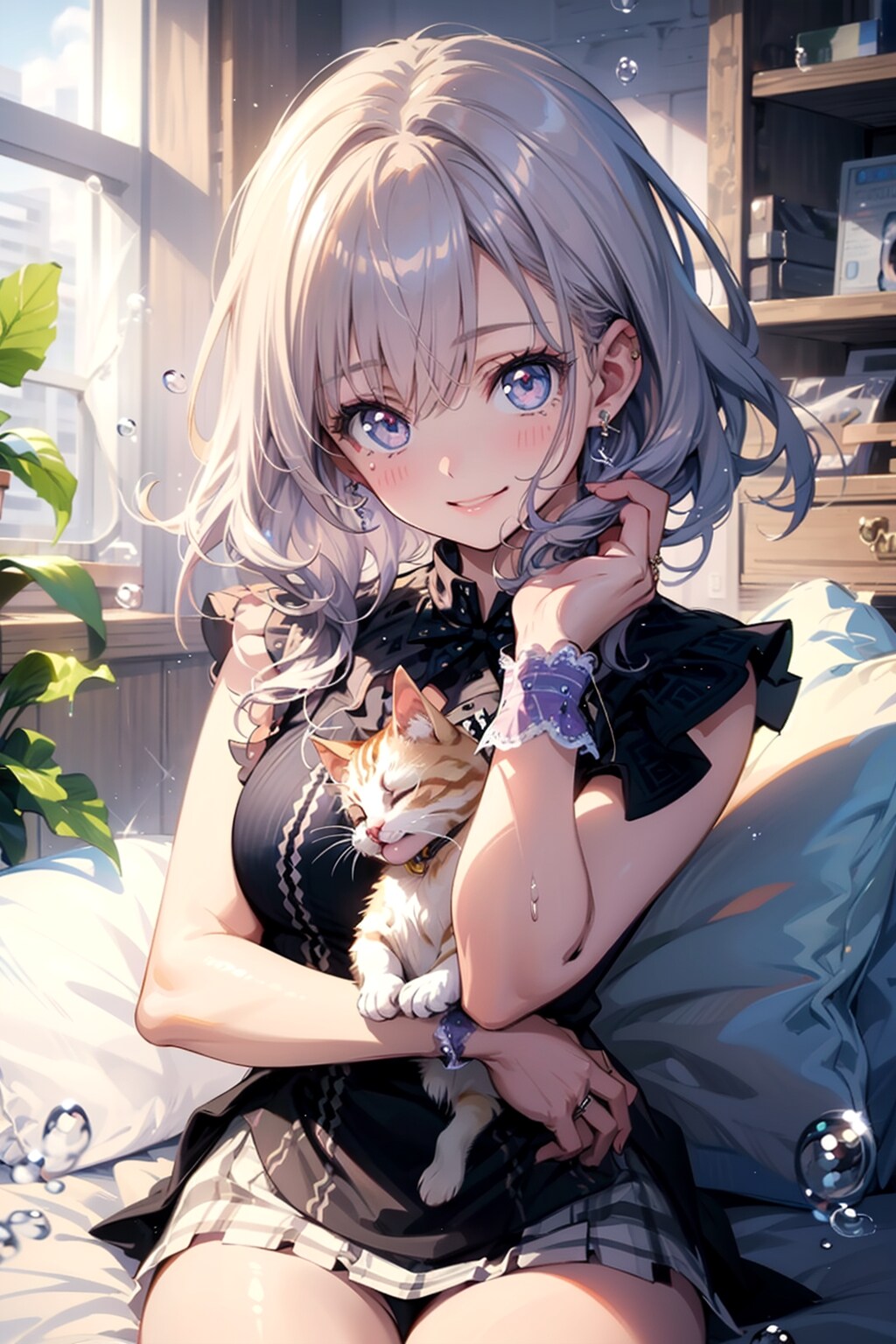 少女の腕の中で眠る仔猫