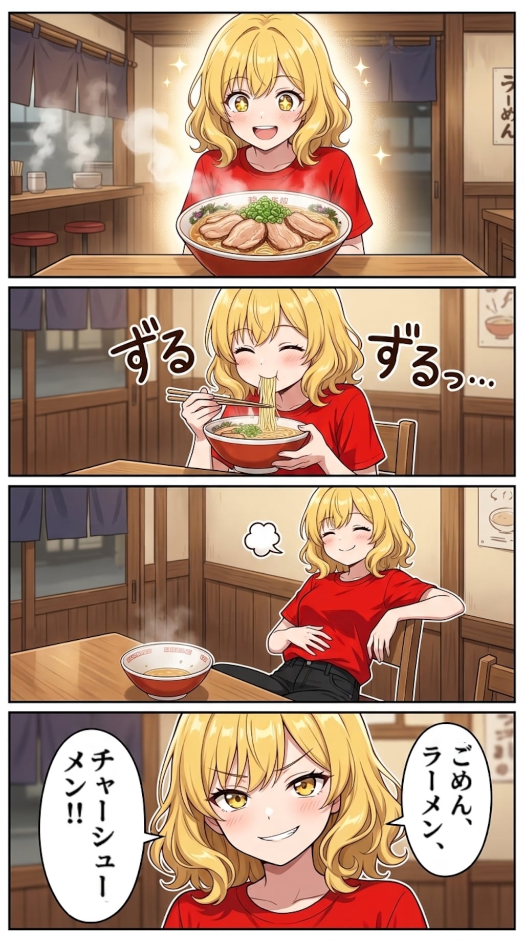 4コマ漫画「博多のとんこつラーメン」