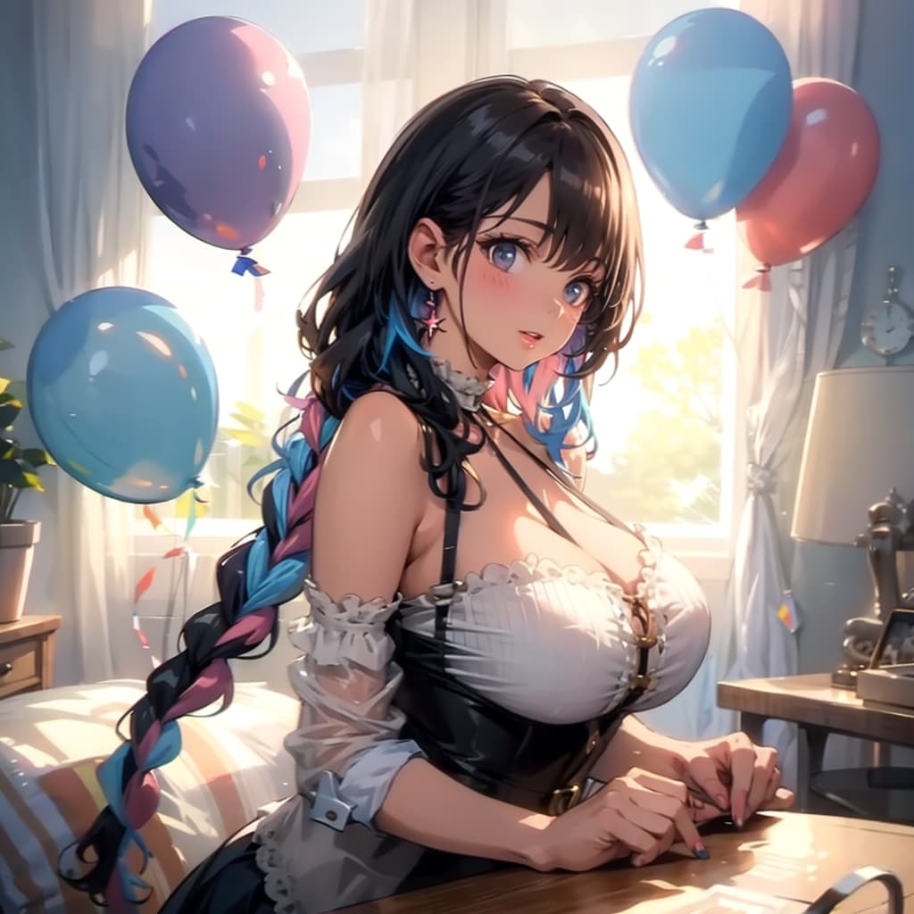 いっぱい色とりどりの風船を持つ黒髪三つ編みロングのサーカス団員の服着た美女